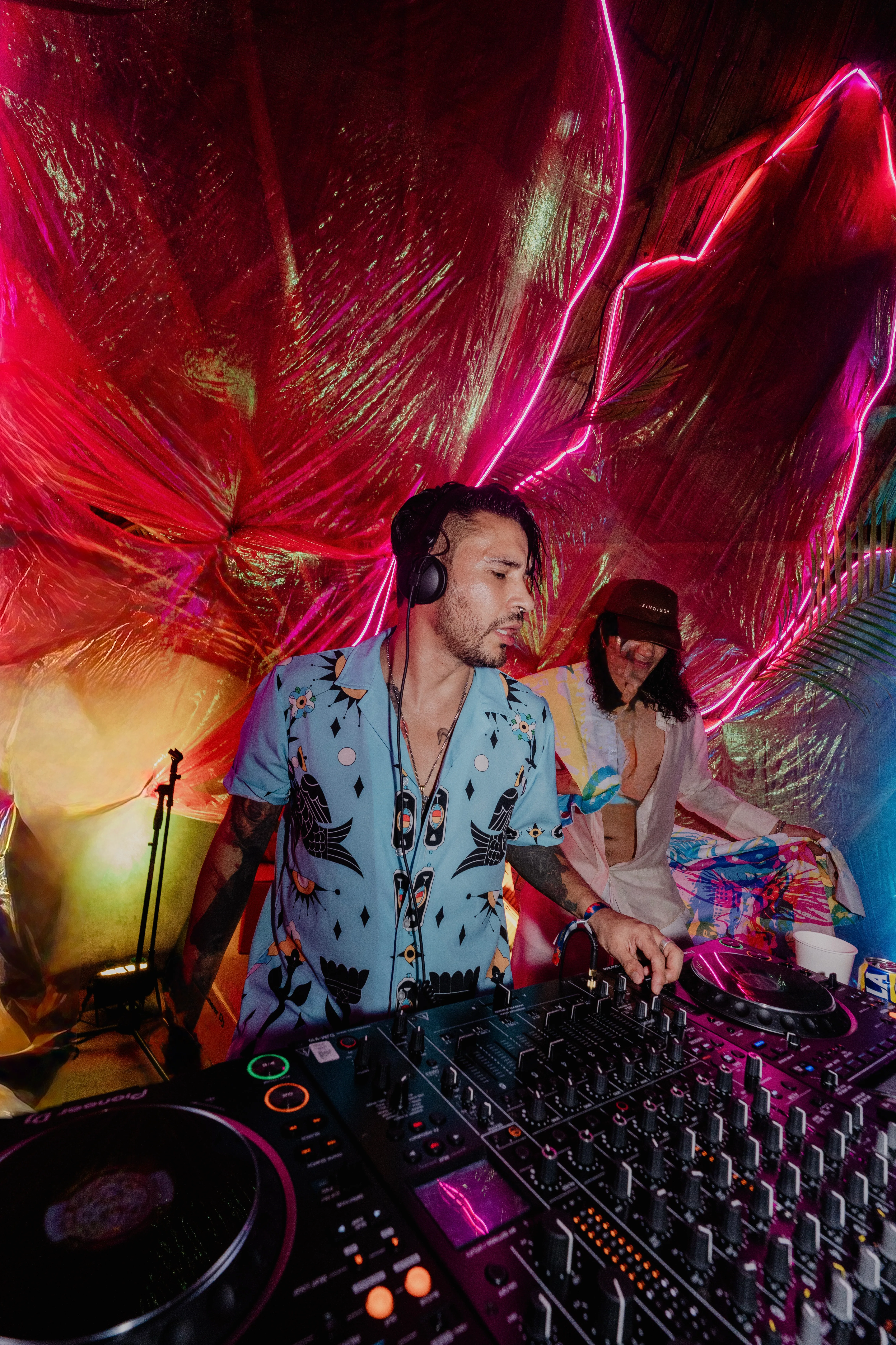 Studio portrait, fuchsia backdrop